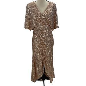 Nightway Short Sleeve V-Neck High-Low Sequin Dress - Gold - size 8